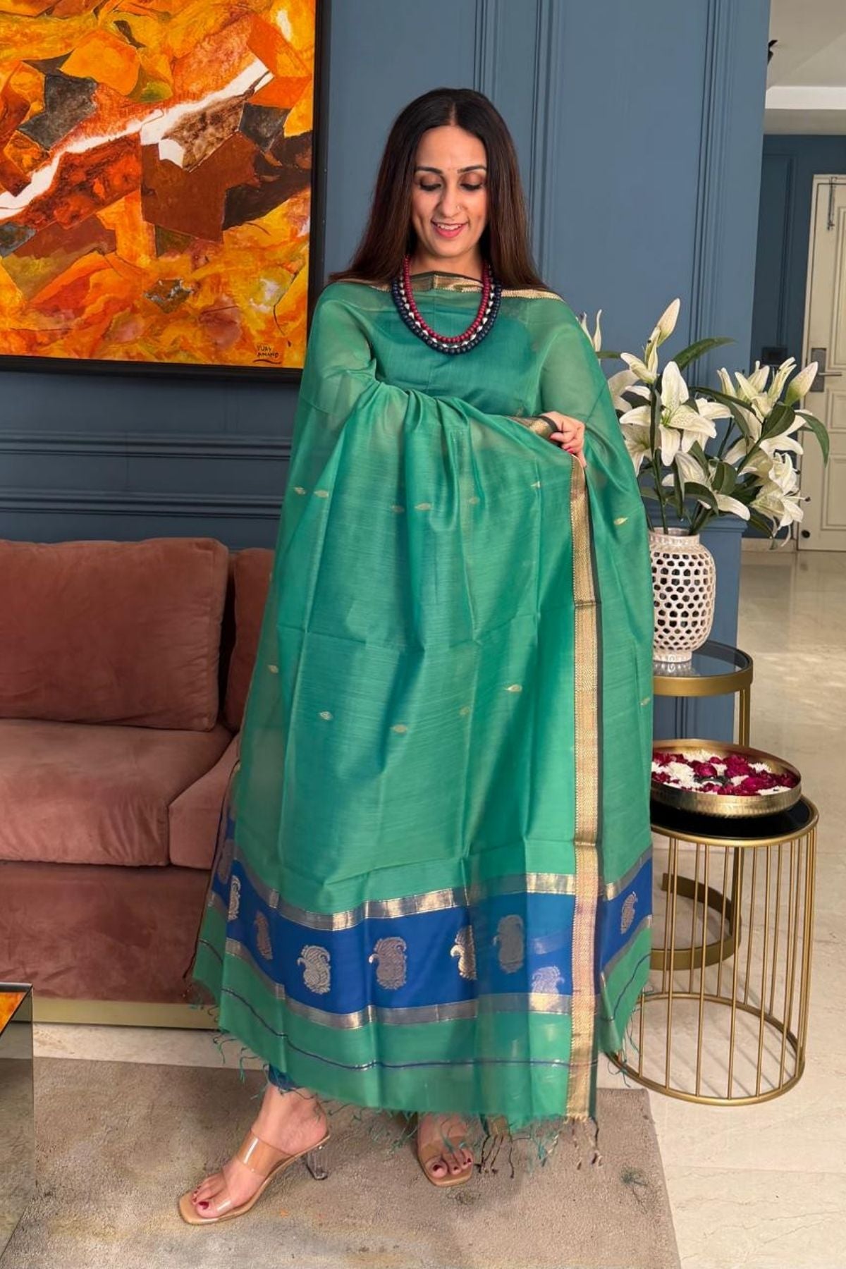 Maheshwari handloom silk by cotton kurta dupatta set